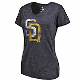 Women's San Diego Padres Fanatics Branded Primary Distressed Team Tri Blend V Neck T-Shirt Heathered Navy FengYun